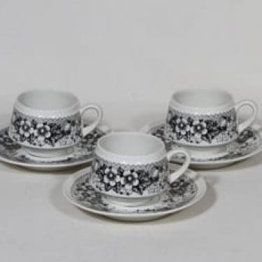 Arabia Talvikki kahvikupit, musta, 3 kpl, suunnittelija Raija Uosikkinen, serikuva