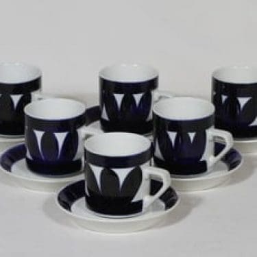 Arabia Sotka kahvikupit, koboltinsininen, 6 kpl, suunnittelija Raija Uosikkinen, retro