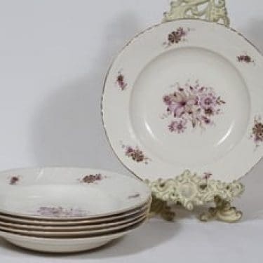 Arabia Raili lautaset, syvä, 6 kpl, suunnittelija Svea Granlund, syvä, siirtokuva, kukka-aihe