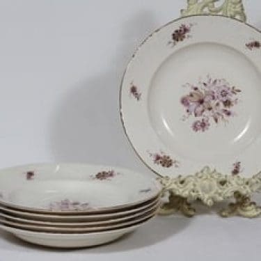 Arabia Raili lautaset, syvä, 6 kpl, suunnittelija Svea Granlund, syvä, siirtokuva, kukka-aihe