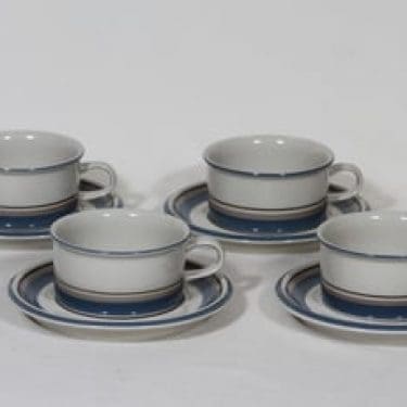 Arabia Uhtua teekupit, 4 kpl, suunnittelija Inkeri Leivo, raitakoriste