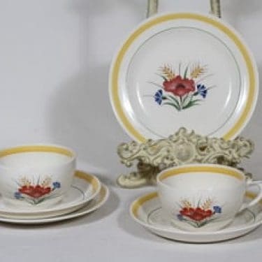 Arabia Kesä teekupit ja lautaset, 2 kpl, suunnittelija Rainer Baer, siirtokuva, kukka-aihe, maalattu raita