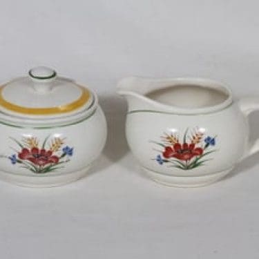 Arabia Kesä sokerikko ja kermakko, suunnittelija Rainer Baer, siirtokuva, kukka-aihe, maalattu raita