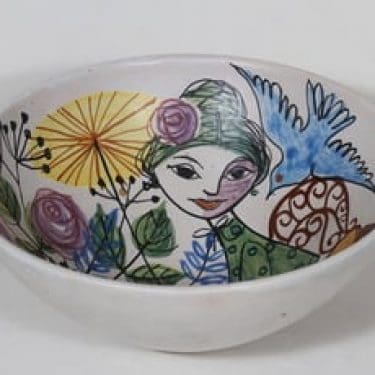 Kupittaan savi kulho, käsinmaalattu, suunnittelija Laila Zink, käsinmaalattu, suuri, signeerattu