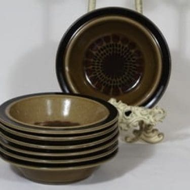 Arabia Kosmos lautaset, syvä, 7 kpl, suunnittelija Gunvor Olin-Grönqvist, syvä, puhalluskoriste, retro