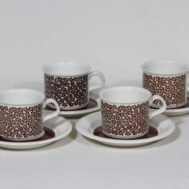 Arabia Faenza kahvikupit, ruskea, 4 kpl, suunnittelija Inkeri Seppälä, serikuva, retro