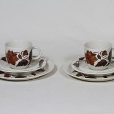 Arabia Cafe kahvikupit ja lautaset, 2 kpl, suunnittelija Gunvor Olin-Grönqvist, serikuva, kukka-aihe