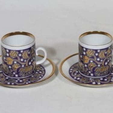 Arabia Iiris mokkakupit, 2 kpl, suunnittelija Anja Jaatinen-Winquist, serikuva, kultakoriste, retro