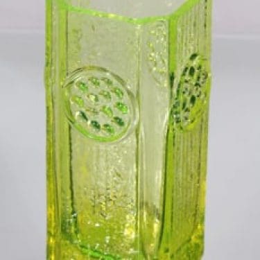 Riihimäen lasi Rondella maljakko, keltainen, suunnittelija Tamara Aladin, massiivinen, retro