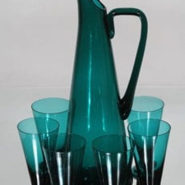 Riihimäen lasi T/355 kaadin ja lasit, turkoosi, 6 kpl, suunnittelija Nanny Still,