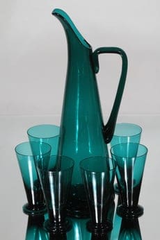 Riihimäen lasi T/355 kaadin ja lasit, turkoosi, 6 kpl, suunnittelija Nanny Still,