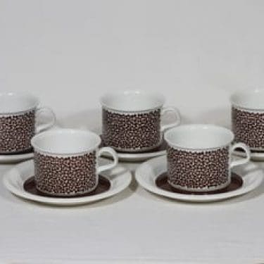 Arabia Faenza teekupit, Ruskeakukka, 5 kpl, suunnittelija Inkeri Seppälä, Ruskeakukka, serikuva, retro