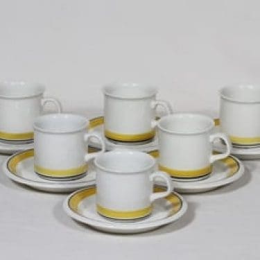 Arabia Faenza mokkakupit, keltainen, 6 kpl, suunnittelija Peter Winquist, raitakoriste