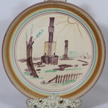 Kupittaan savi seinälautanen, käsinmaalattu, suunnittelija Kalle Akkola, käsinmaalattu, signeerattu