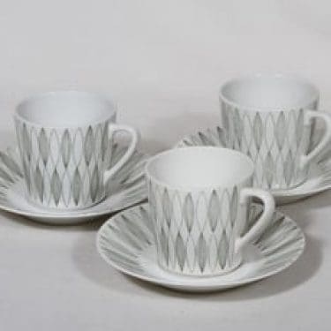 Arabia Vuokko kahvikupit, harmaa, 3 kpl, suunnittelija Raija Uosikkinen, kuparipainokoriste, viiva-aihe