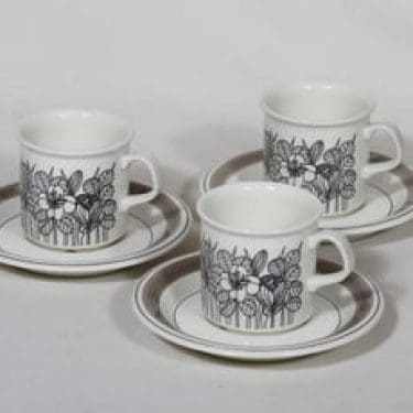 Arabia Krokus kahvikupit, musta-valkoinen, 3 kpl, suunnittelija Esteri Tomula, serikuva