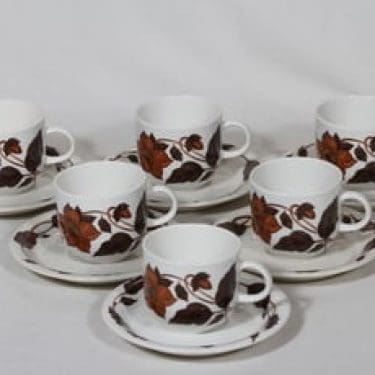 Arabia Cafe kahvikupit, ruskea, 6 kpl, suunnittelija Gunvor Olin-Grönqvist, serikuva, kukka-aihe