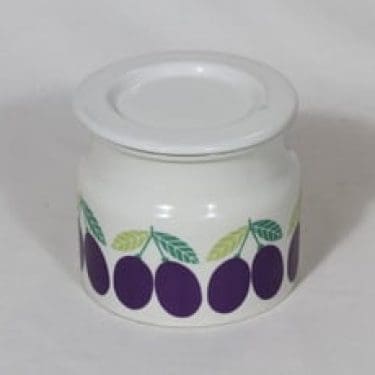 Arabia Pomona purnukka, luumu, suunnittelija Raija Uosikkinen, luumu, serikuva, retro