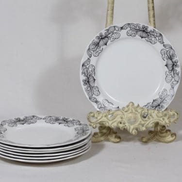 Arabia Sipuli lautaset, musta, 7 kpl, suunnittelija Raija Uosikkinen, pieni, serikuva