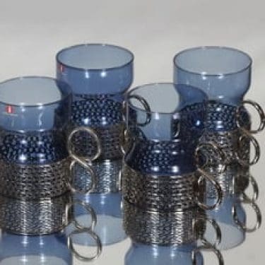 Iittala Tsaikka teelasit, sininen, 4 kpl, suunnittelija Timo Sarpaneva, metallikahva, i-väri