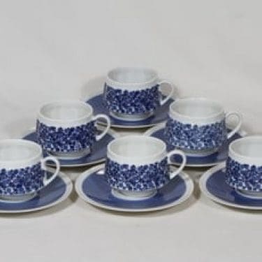 Arabia Doria kahvikupit, sininen, 6 kpl, suunnittelija Raija Uosikkinen, serikuva