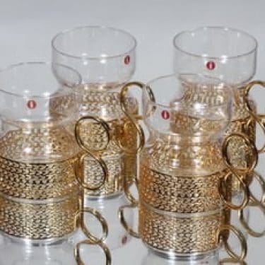Iittala Tsaikka teelasit, kirkas, 4 kpl, suunnittelija Timo Sarpaneva, kullattu