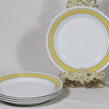 Arabia Faenza lautaset, raitakoriste, 5 kpl, suunnittelija Inkeri Seppälä, raitakoriste, matala