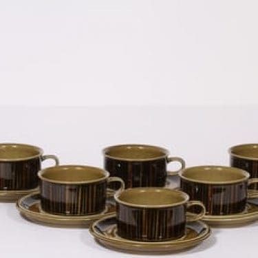 Arabia Kosmos teekupit, ruskea, 6 kpl, suunnittelija Gunvor Olin-Grönqvist, puhalluskoriste, retro