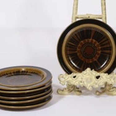 Arabia Kosmos leipälautaset, ruskea, 6 kpl, suunnittelija Gunvor Olin-Grönqvist, pieni, puhalluskoriste, retro