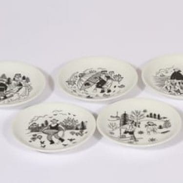 Arabia Harraste koristelautaset, 5 kpl, suunnittelija Raija Uosikkinen, pieni, kuparipainokoriste