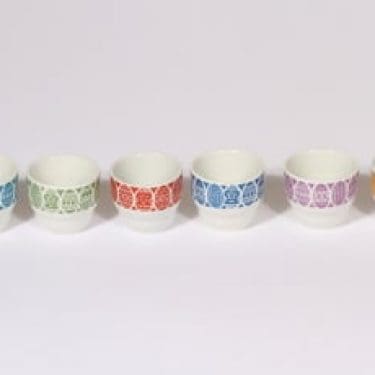 Arabia Kauno munakupit, eri värejä, 6 kpl, suunnittelija Raija Uosikkinen, pieni, serikuva