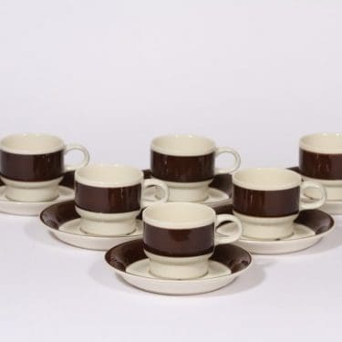 Arabia Inari kahvikupit, ruskea, 6 kpl, suunnittelija Göran Bäck, raitakoriste
