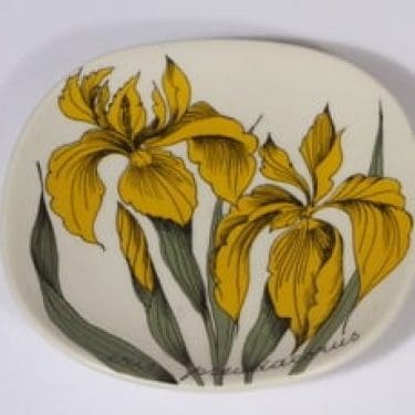 Arabia Botanica koristelautanen, Keltakurjenmiekka, suunnittelija Esteri Tomula, Keltakurjenmiekka, pieni, serikuva