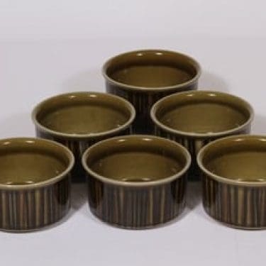 Arabia Kosmos jälkiruokakulhot, ruskea, 6 kpl, suunnittelija Gunvor Olin-Grönqvist, puhalluskoriste, retro