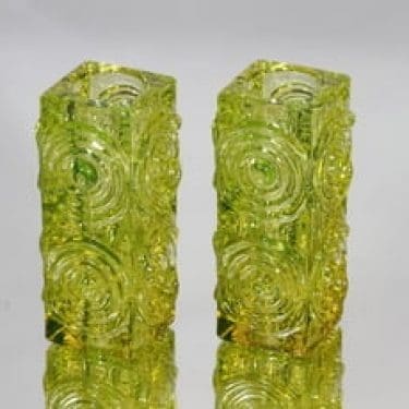 Riihimäen lasi Rengas kynttilänjalat, keltainen, 2 kpl, suunnittelija Tamara Aladin, massiivinen