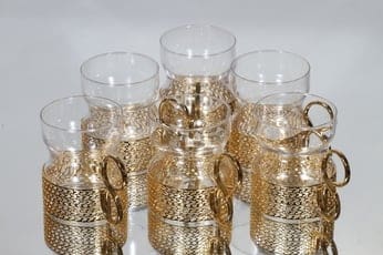 Iittala Tsaikka teelasit, kirkas, 6 kpl, suunnittelija Timo Sarpaneva, kullattu