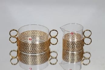 Iittala Karaatti sokerikko ja kermakko, kirkas, suunnittelija Timo Sarpaneva, kullattu