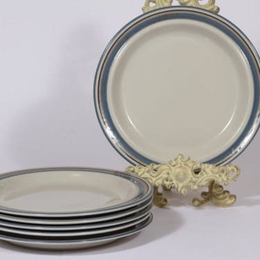 Arabia Uhtua lautaset, matala, 6 kpl, suunnittelija Inkeri Leivo, matala, raitakoriste