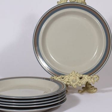 Arabia Uhtua lautaset, matala, 6 kpl, suunnittelija Inkeri Leivo, matala, raitakoriste