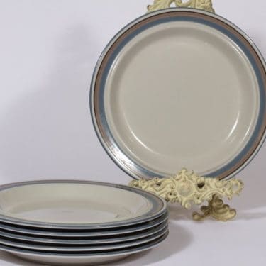 Arabia Uhtua lautaset, matala, 6 kpl, suunnittelija Inkeri Leivo, matala, raitakoriste