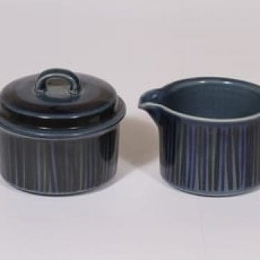 Arabia Kosmos sokerikko ja kermakko, sininen, suunnittelija Gunvor Olin-Grönqvist, puhalluskoriste