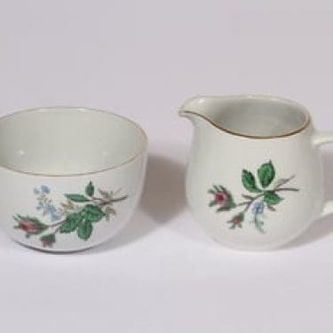 Arabia Soma sokerikko ja kermakko, suunnittelija Raija Uosikkinen, serikuva, kukka-aihe