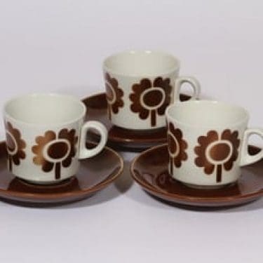 Arabia BR kahvikupit, ruskea, 3 kpl, suunnittelija Göran Bäck, puhalluskoriste