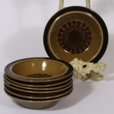 Arabia Kosmos lautaset, syvä, 7 kpl, suunnittelija Gunvor Olin-Grönqvist, syvä, puhalluskoriste