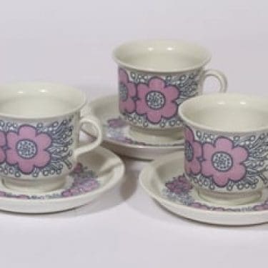 Arabia Violetta kahvikupit, vaaleanpunainen, 3 kpl, suunnittelija Raija Uosikkinen, serikuva, retro