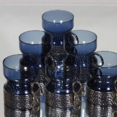 Iittala Tsaikka teelasit, sininen, 6 kpl, suunnittelija Timo Sarpaneva, metallikahva