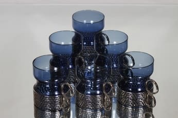 Iittala Tsaikka teelasit, sininen, 6 kpl, suunnittelija Timo Sarpaneva, metallikahva