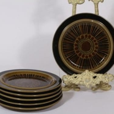 Arabia Kosmos lautaset, ruskea, 6 kpl, suunnittelija Gunvor Olin-Grönqvist, pieni, puhalluskoriste