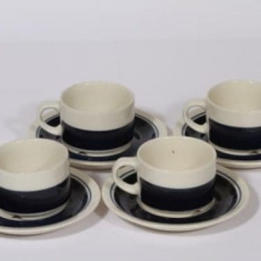 Arabia Kasino kahvikupit, sininen, 4 kpl, suunnittelija Göran Bäck, raitakoriste