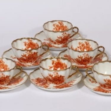 Arabia kukkakuvio kahvikupit, oranssi, 6 kpl, suunnittelija , siirtokuva, kultafondi